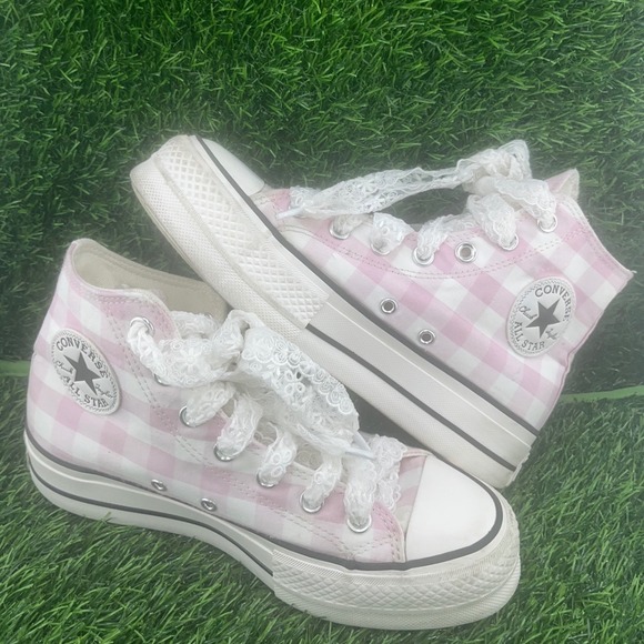 Converse Chuck Taylor All Star Platform Pink Gingham Lace Up High Top Sneakers - Picture 11 of 12